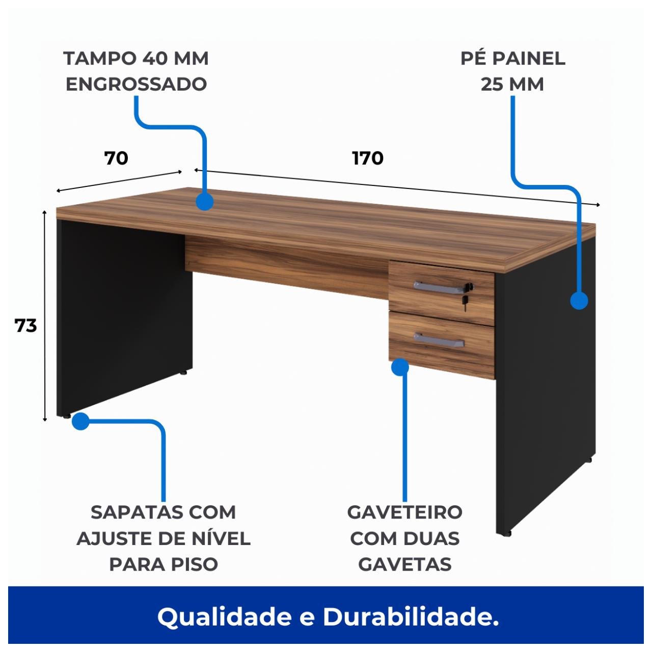 Mesa de Escritório 1,70x0,70m - 02 Gavetas NOGAL SEVILHA/PRETO - 21475 - Imagem 5