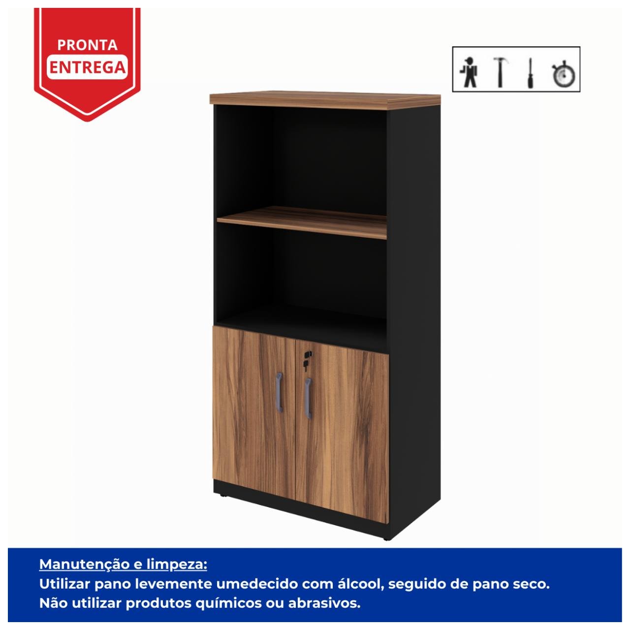 Armário Alto Semi-Aberto - 1,61x0,80x0,45m NOGAL SEVILHA/PRETO - 21413 - Imagem 4