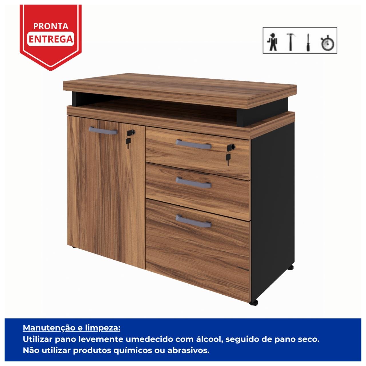 Armário Baixo 03 Gavetas e Porta (MISTO) NOGAL SEVILHA/PRETO - 21422 - Imagem 2