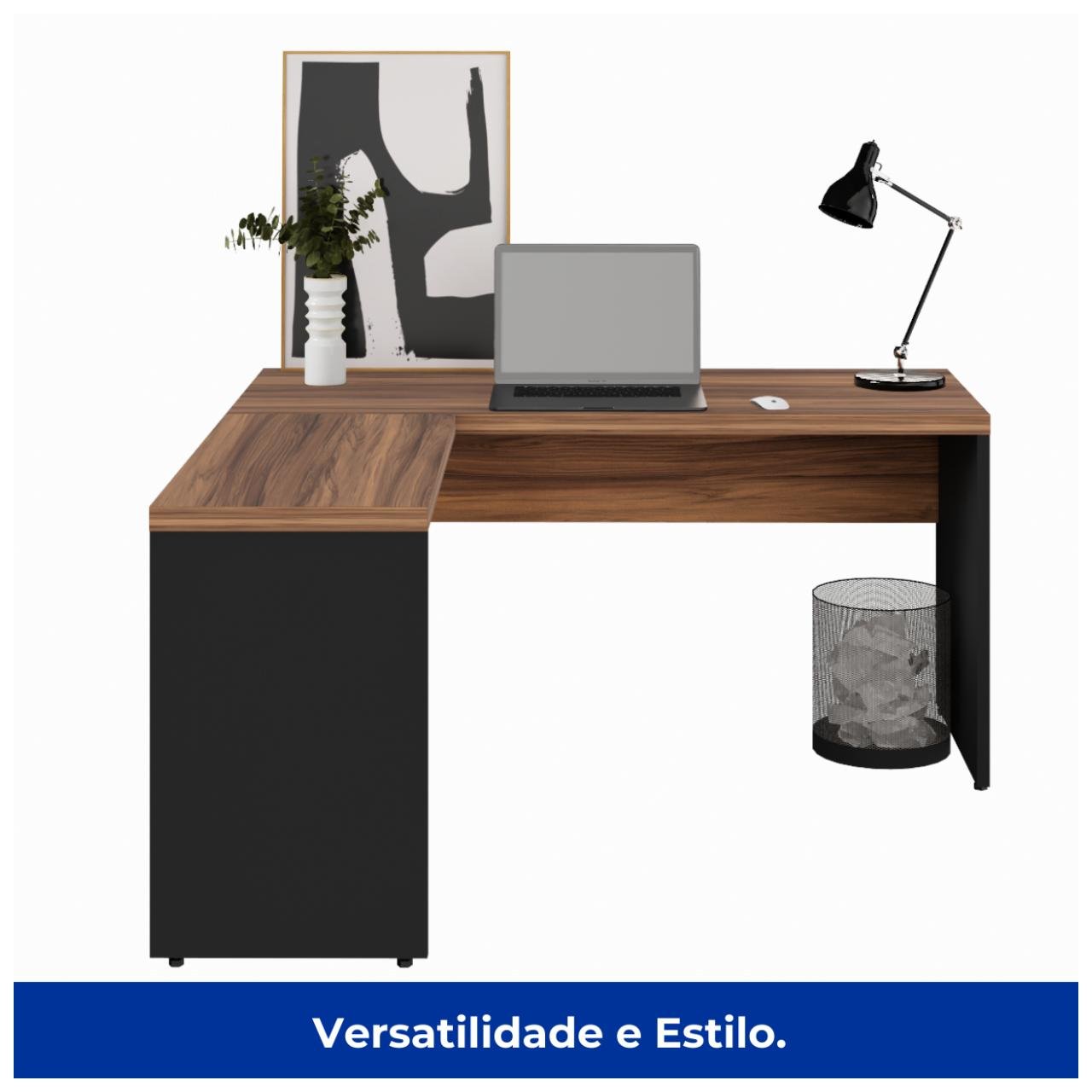 Mesa de Escritório em L (Mesa 1,50m + Mesa Auxiliar) - Sem Gavetas NOGAL SEVILHA/PRETO - 21476 - Imagem 3
