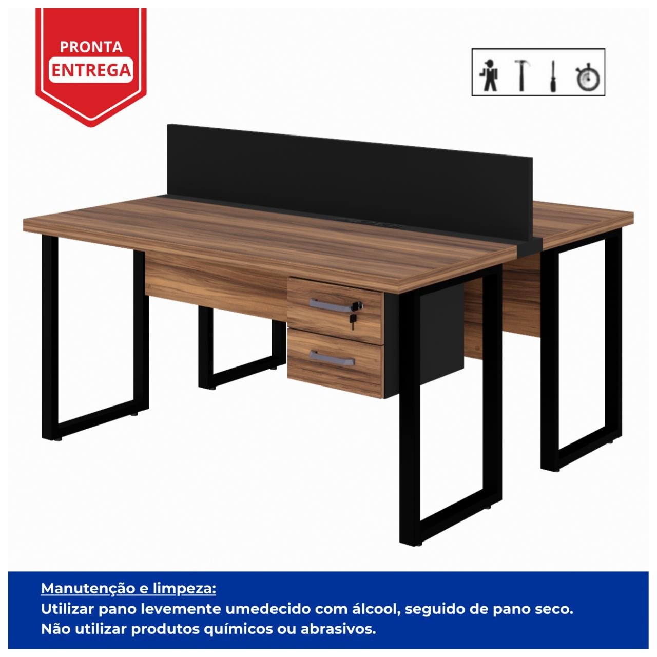 Estação de Trabalho 1,50x1,35m 02 Lugares c/ Gavetas c/ ponto de tomada PÉ QUADRO - Cor Nogal Sevilha - 63099 - Imagem 3