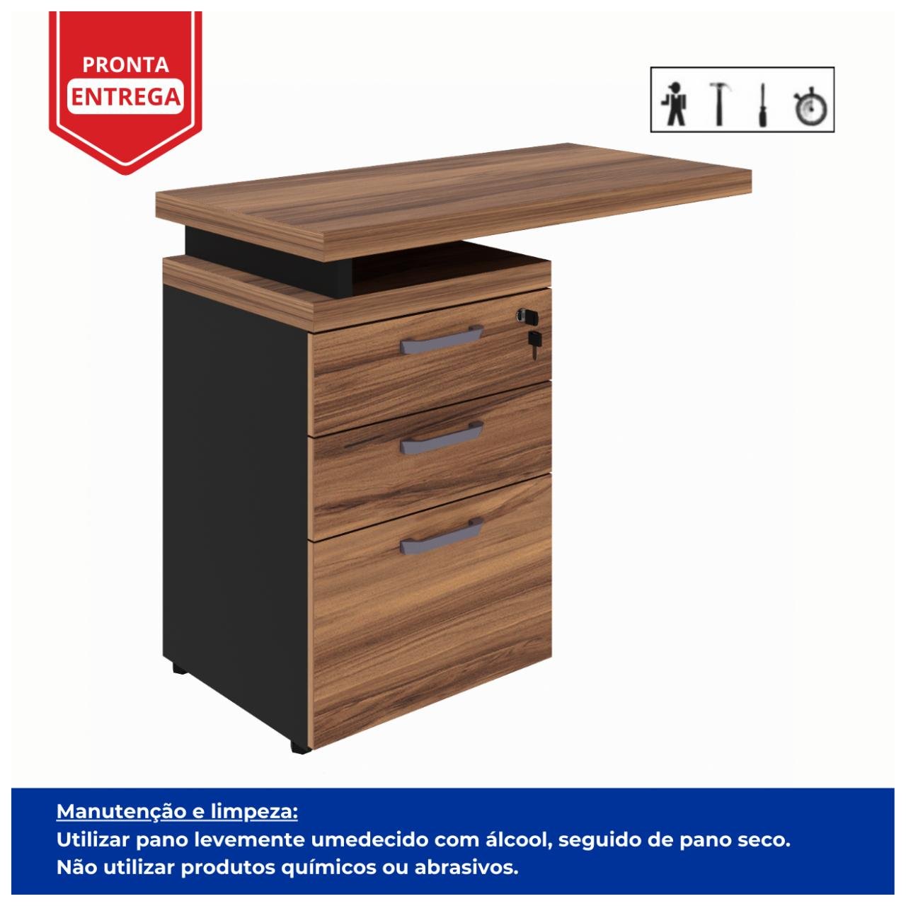 Mesa AUXILIAR c/ 03 Gavetas Pedestal NOGAL SEVILHA/PRETO - 21421 - Imagem 2