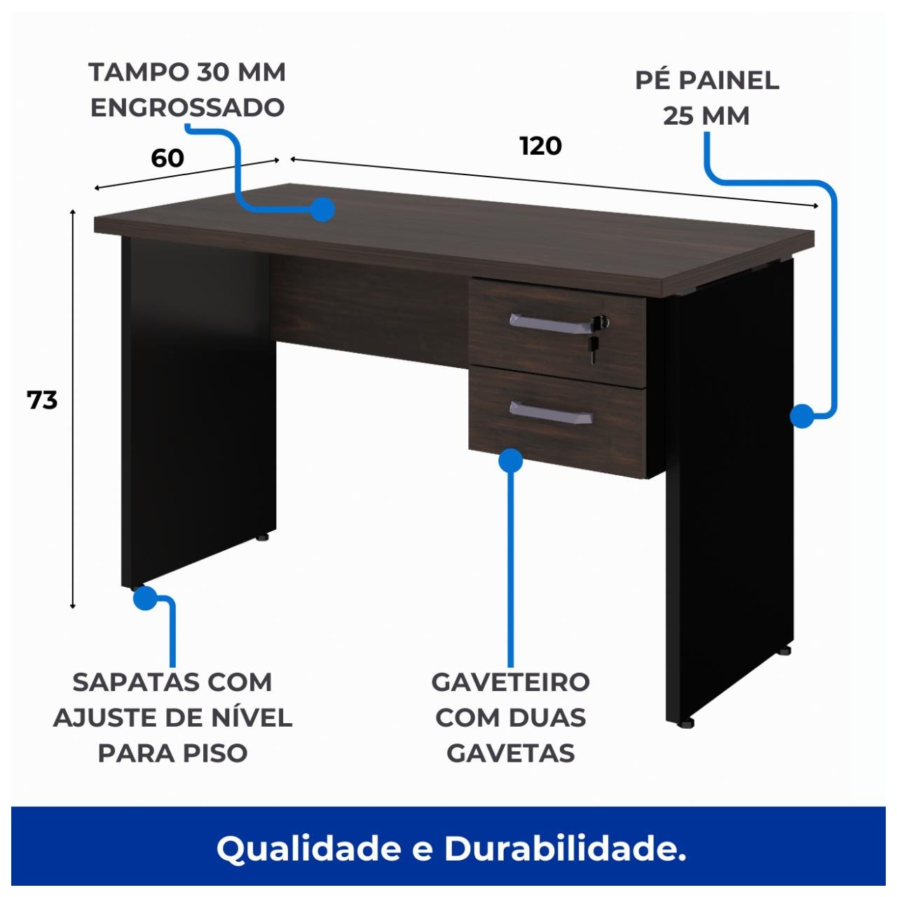 Mesa Escritório 1,20x0,60m - C/ 02 Gavetas MARSALA / PRETO - 23471 - Imagem 3