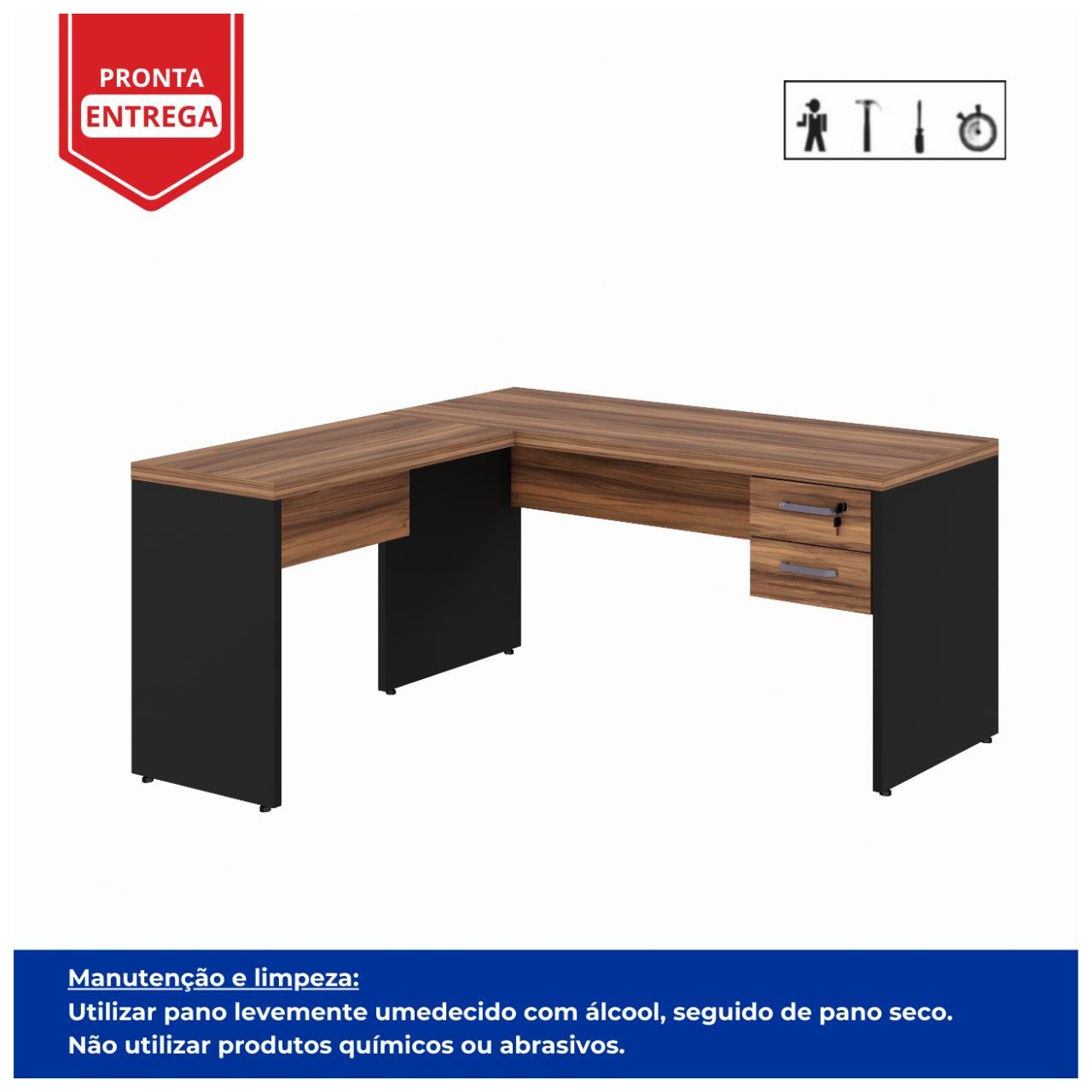 Mesa de Escritório em L com Gavetas - Mesa 1,50m + Mesa Auxiliar NOGAL SEVILHA/PRETO - 21477 - Imagem 2