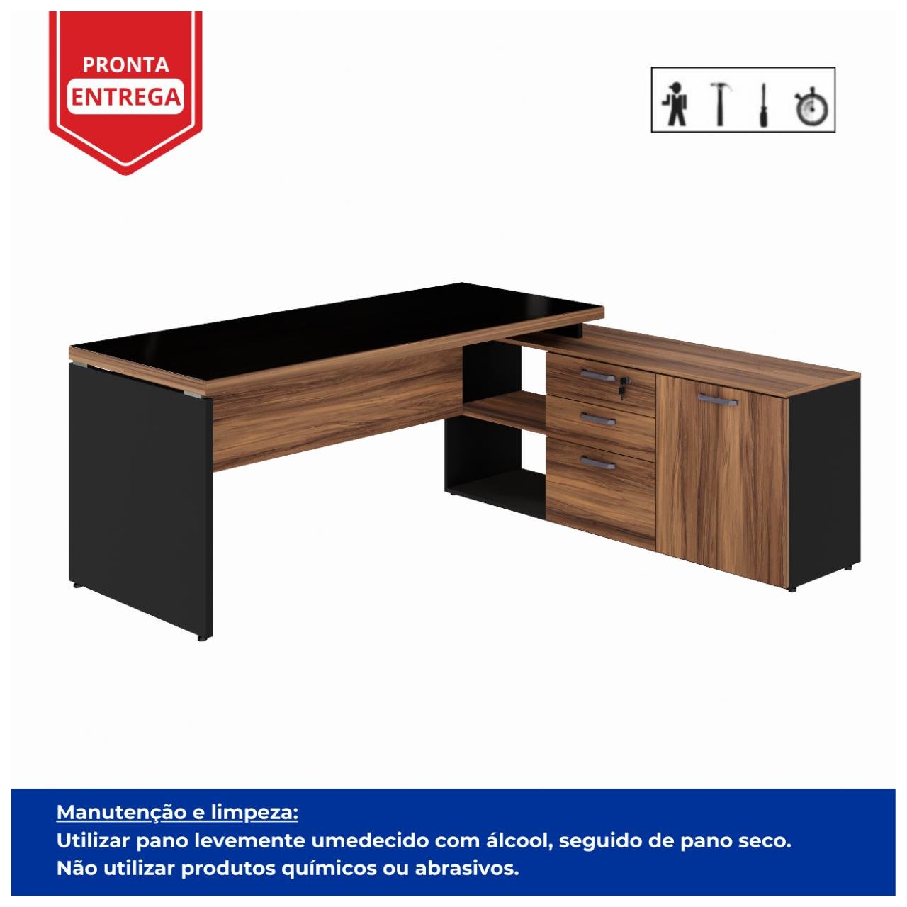 Mesa Diretorzinha c/ vidro c/ Aparador - Pé de MADEIRA - 1,90x1,50m - PMD - NOGAL SEVILHA / PRETO - 21428 - Imagem 3