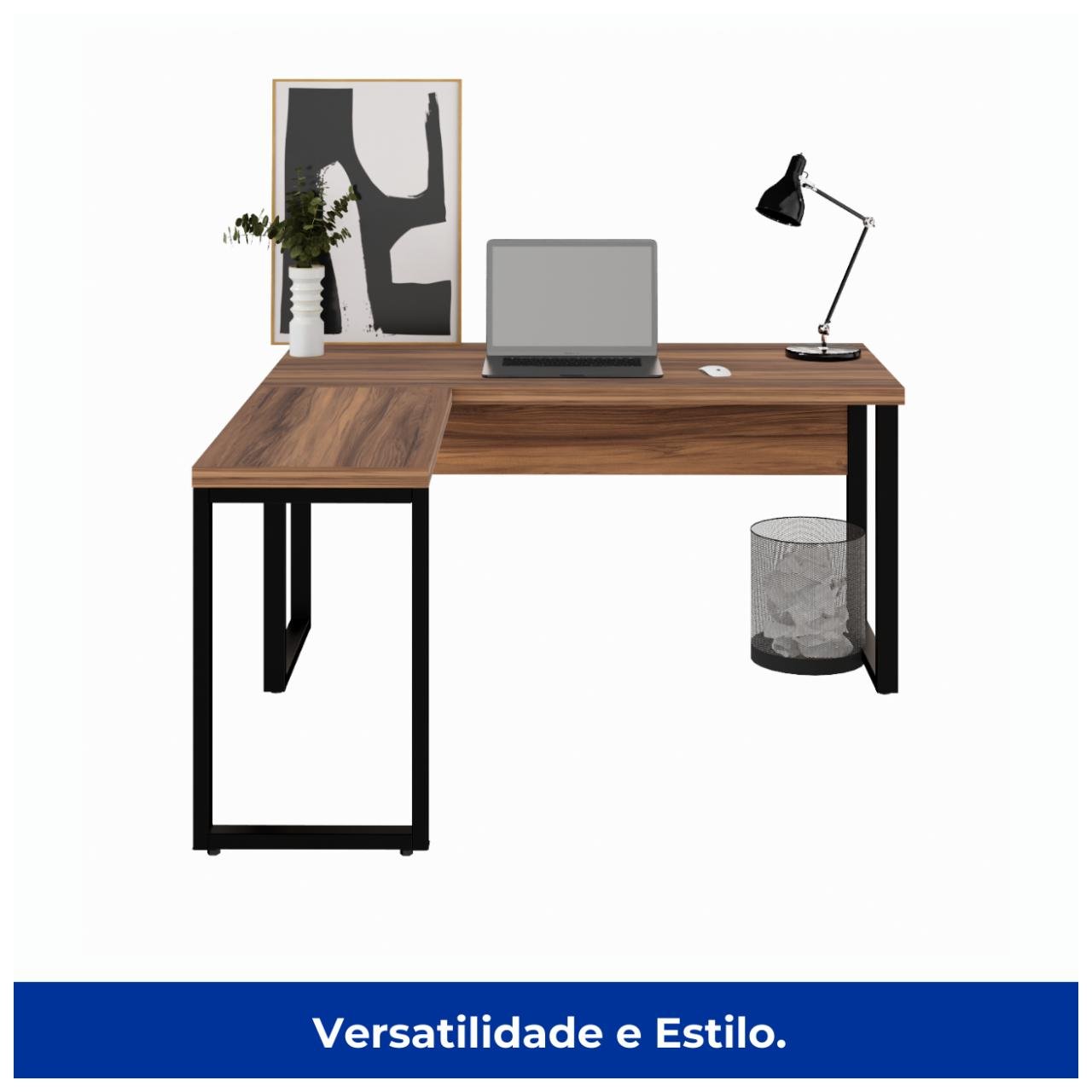 Mesa em L PÉ QUADRO (Mesa 1,50m + Mesa Auxiliar) - S/ Gavetas NOGAL SEVILHA/PRETO - 24476 - Imagem 2