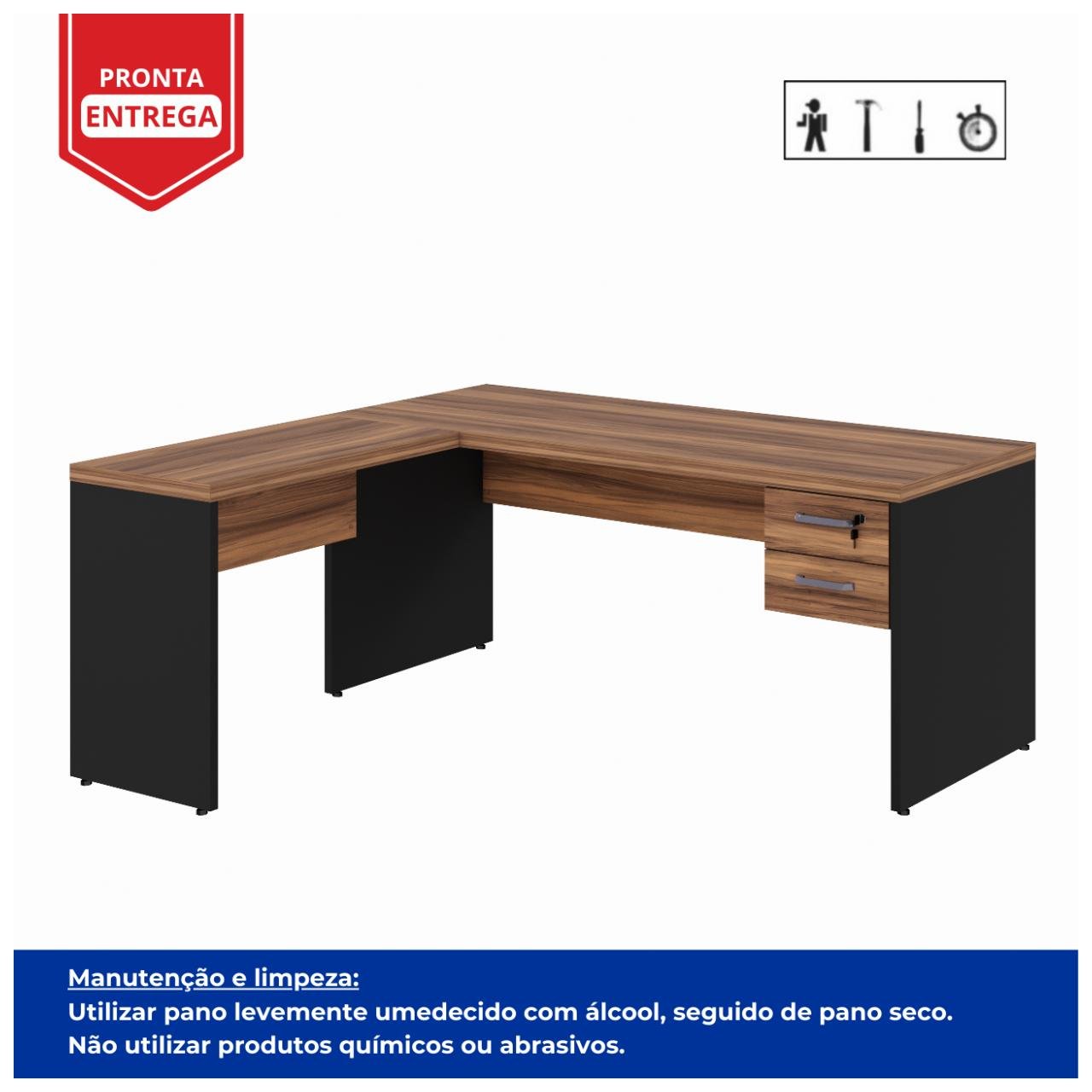 Mesa Escritório em L Mesa 1,70m + Mesa Auxiliar 02 Gavetas Nogal Sevilha / Preto 21479 - Imagem 2