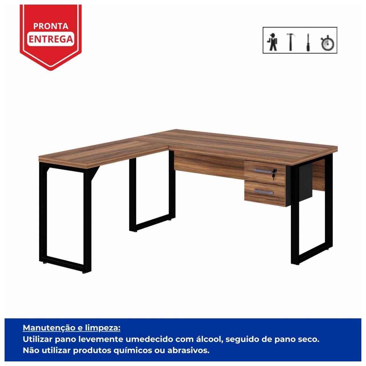 Mesa em L PÉ QUADRO (Mesa 1,50m + Mesa Auxiliar) - C/ Gavetas NOGAL SEVILHA/PRETO - 24477 - Imagem 5