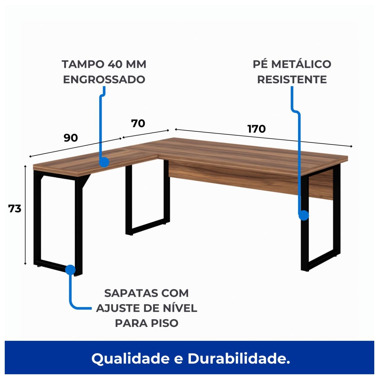 Mesa em L PÉ QUADRO (Mesa 1,70m + Mesa Auxiliar) - S/ Gavetas NOGAL SEVILHA/PRETO - 24478 - Imagem 3