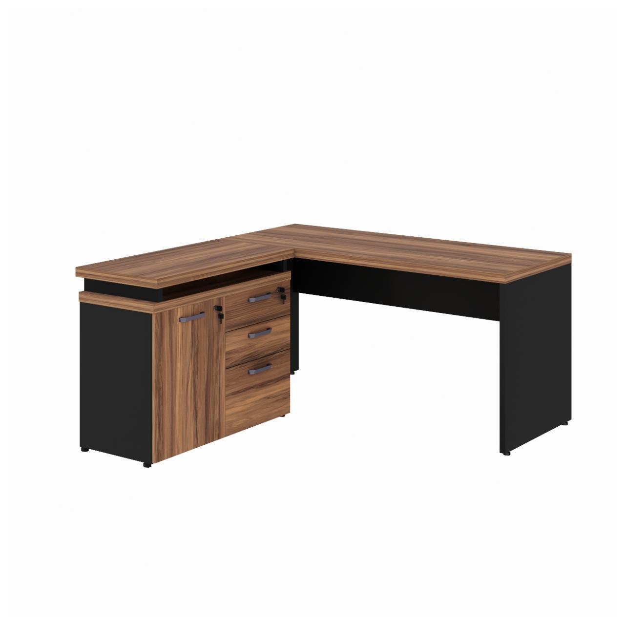 Mesa Escritório em "L" - 1,50x1,50m (Extensível) - com Armário Misto (03 Gav.) NOGAL/SEVILHA - 20603 - Imagem 2