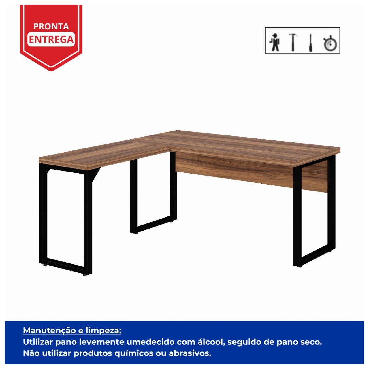 Mesa em L PÉ QUADRO (Mesa 1,50m + Mesa Auxiliar) - S/ Gavetas NOGAL SEVILHA/PRETO - 24476 - Imagem 6