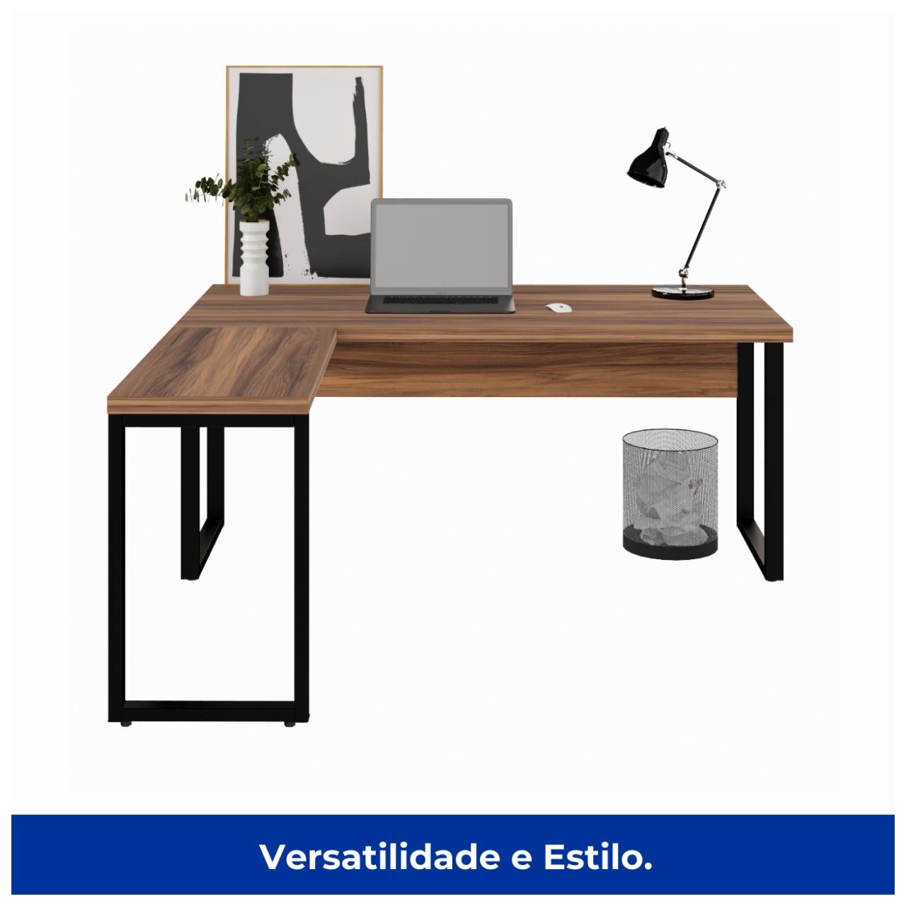 Mesa em L PÉ QUADRO (Mesa 1,70m + Mesa Auxiliar) - S/ Gavetas NOGAL SEVILHA/PRETO - 24478 - Imagem 5