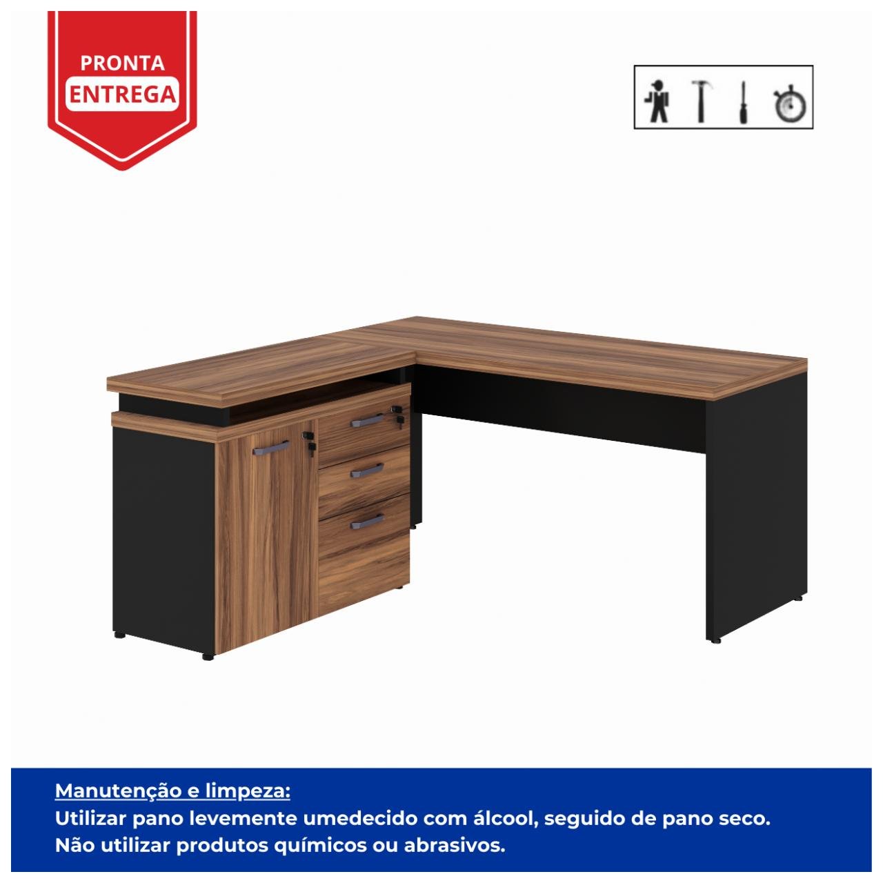 Mesa Escritório em "L" - 1,50x1,50m (Extensível) - com Armário Misto (03 Gav.) NOGAL/SEVILHA - 20603 - Imagem 7