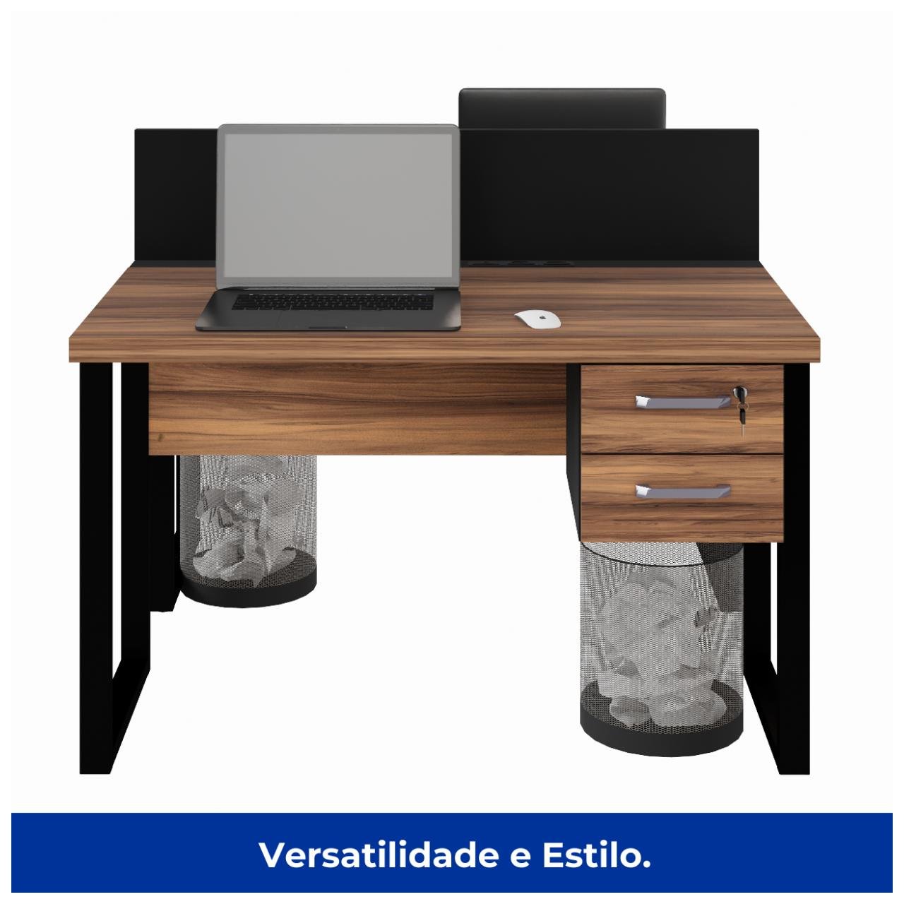 Estação de Trabalho Dupla 1,20x1,35m 02 Lugares c/ Gavetas c/ ponto de tomada PÉ QUADRO - Cor Nogal Sevilha - 63097 - Imagem 3