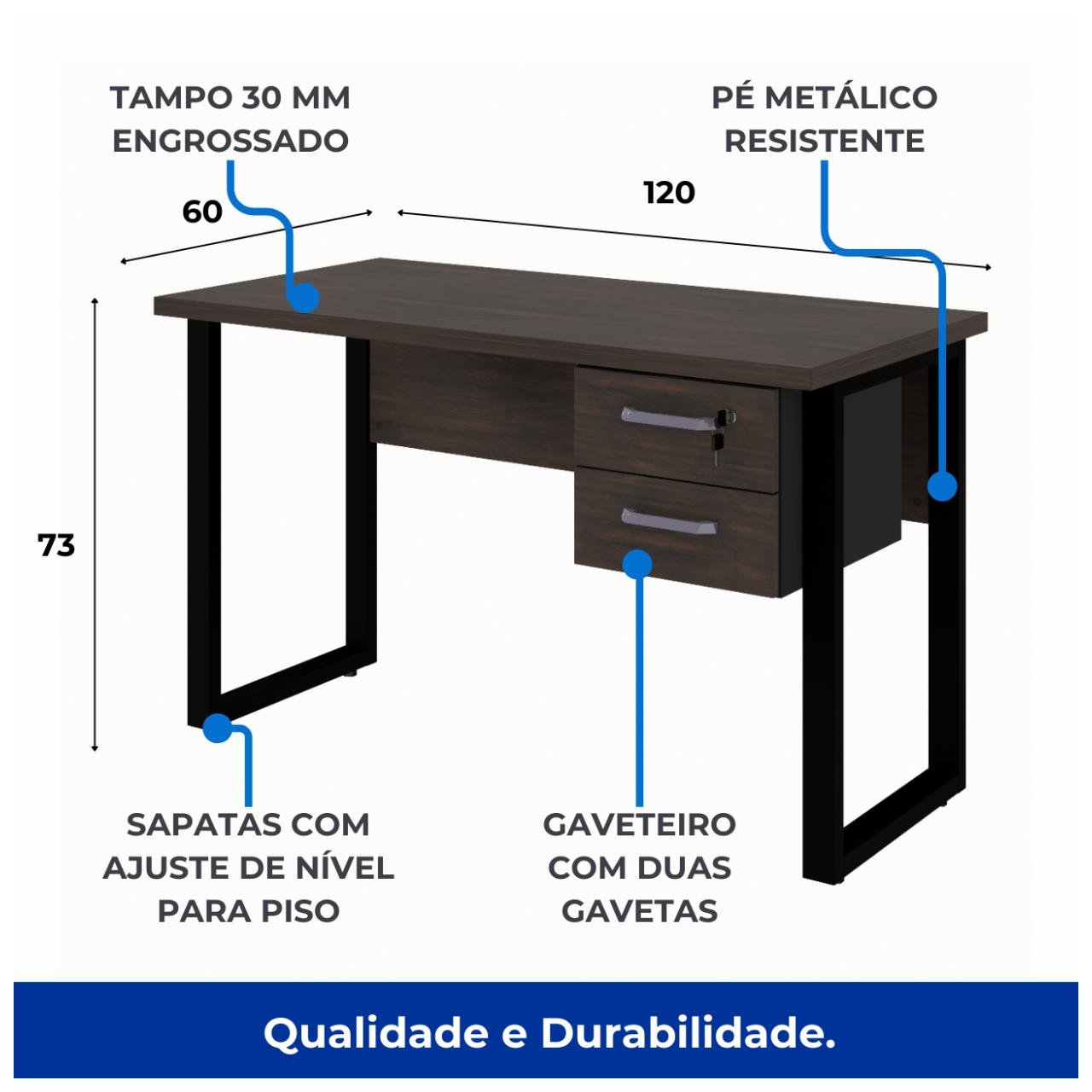 Mesa Escritório PÉ QUADRO - 1,20x0,60m - C/ Gavetas - MARSALA/PRETO - 25471 - Imagem 3