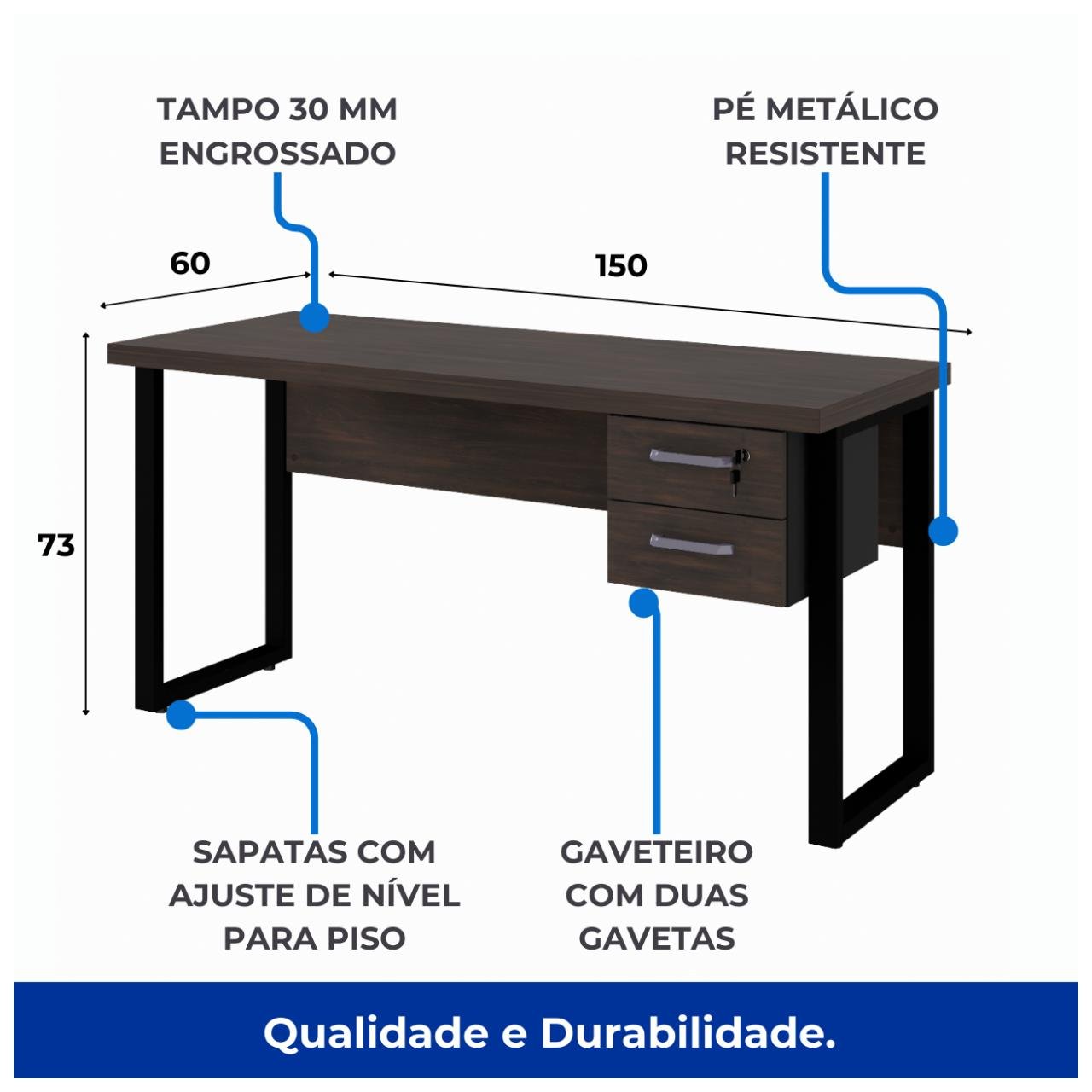 Mesa Escritório PÉ QUADRO 1,50x0,60m - C/ Gavetas - MARSALA/PRETO - 25473 - Imagem 4