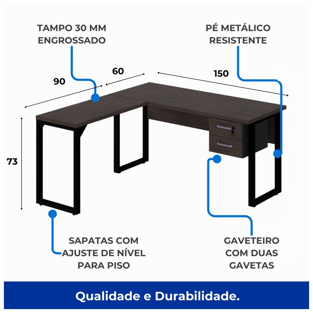 Mesa em L (1,50x0,60m + Mesa Auxiliar) - C/ Gavetas MARSALA/PRETO - 25477 - Imagem 3