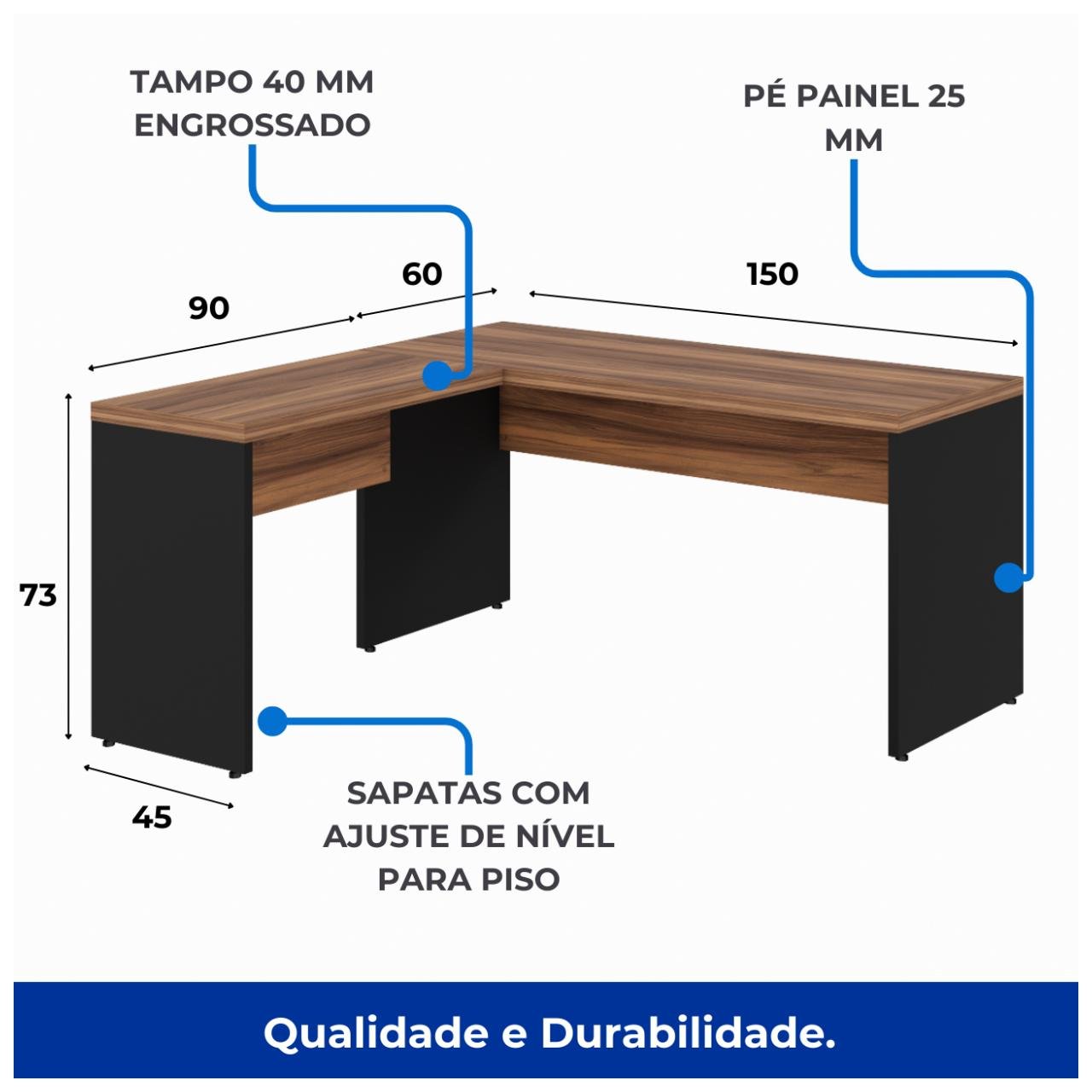 Mesa de Escritório em L (Mesa 1,50m + Mesa Auxiliar) - Sem Gavetas NOGAL SEVILHA/PRETO - 21476 - Imagem 4