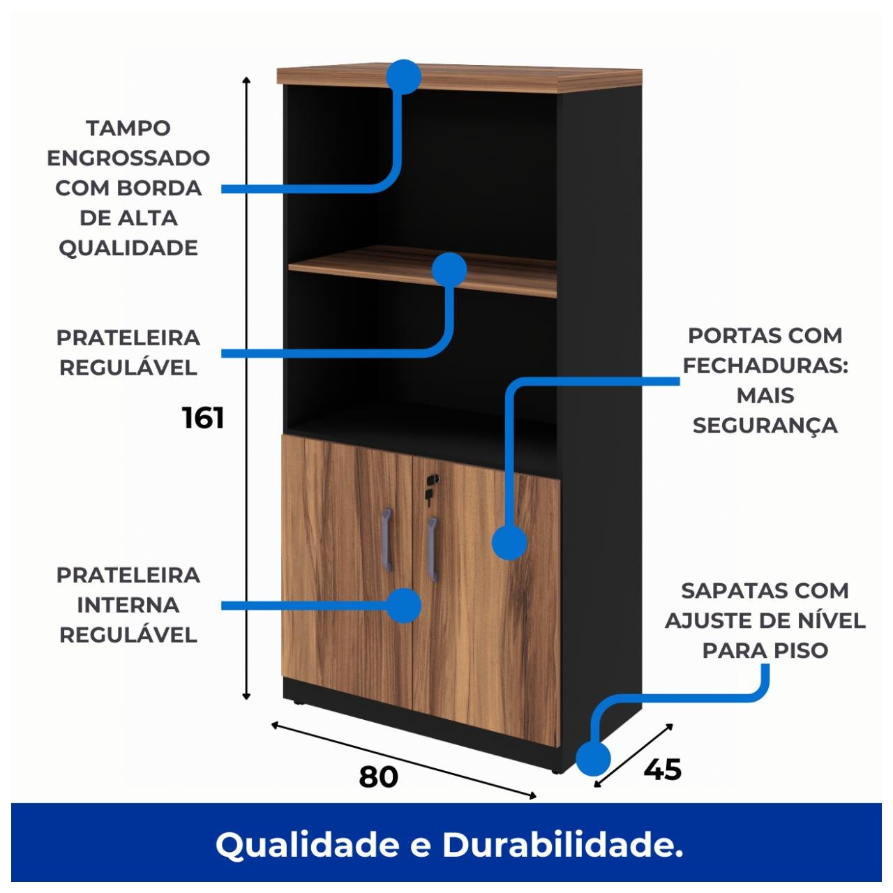 Armário Alto Semi-Aberto - 1,61x0,80x0,45m NOGAL SEVILHA/PRETO - 21413 - Imagem 5