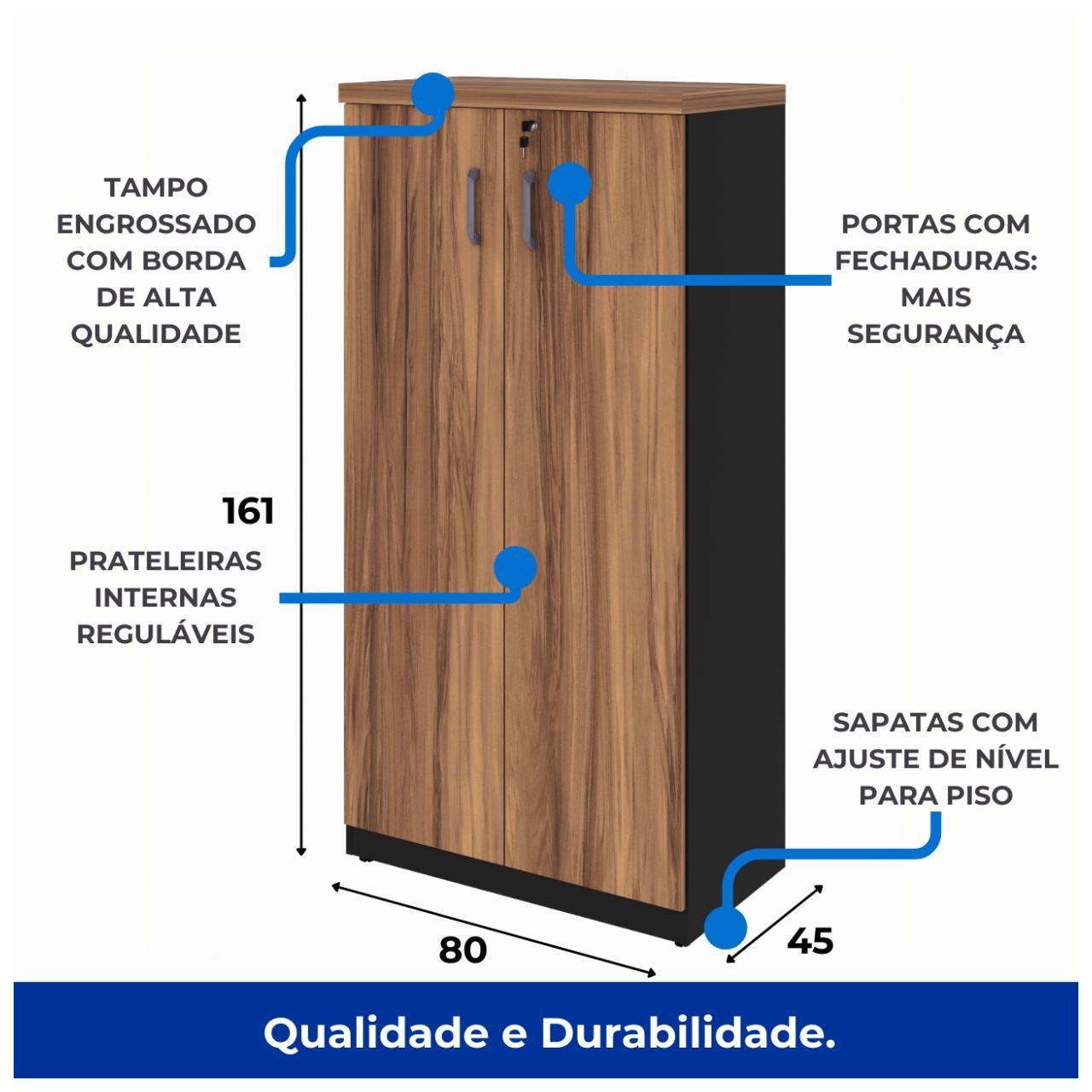 Armário Alto Fechado com 02 Portas - 1,61x0,80x0,45m NOGAL SEVILHA/PRETO - 21414 - Imagem 5
