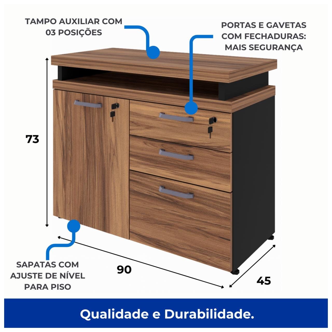 Armário Baixo 03 Gavetas e Porta (MISTO) NOGAL SEVILHA/PRETO - 21422 - Imagem 3