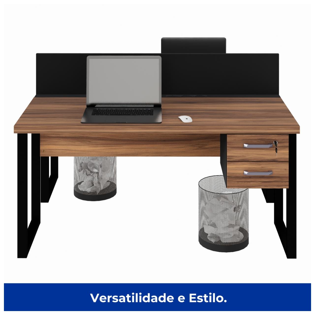 Estação de Trabalho 1,50x1,35m 02 Lugares c/ Gavetas c/ ponto de tomada PÉ QUADRO - Cor Nogal Sevilha - 63099 - Imagem 4