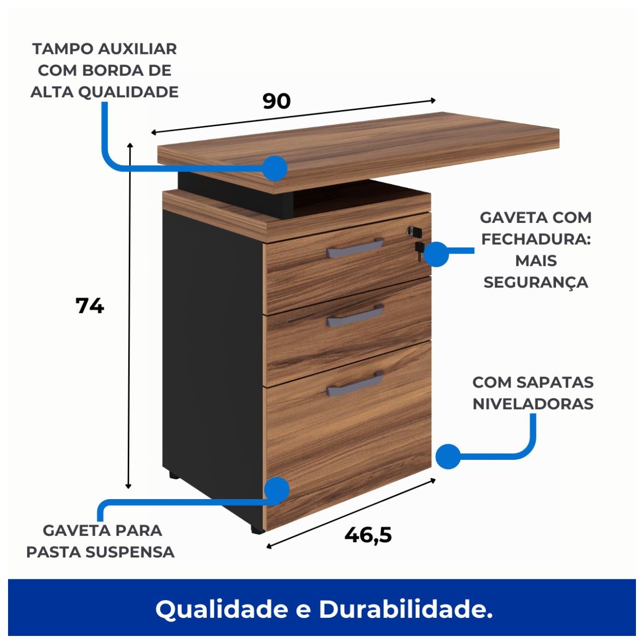 Mesa AUXILIAR c/ 03 Gavetas Pedestal NOGAL SEVILHA/PRETO - 21421 - Imagem 3