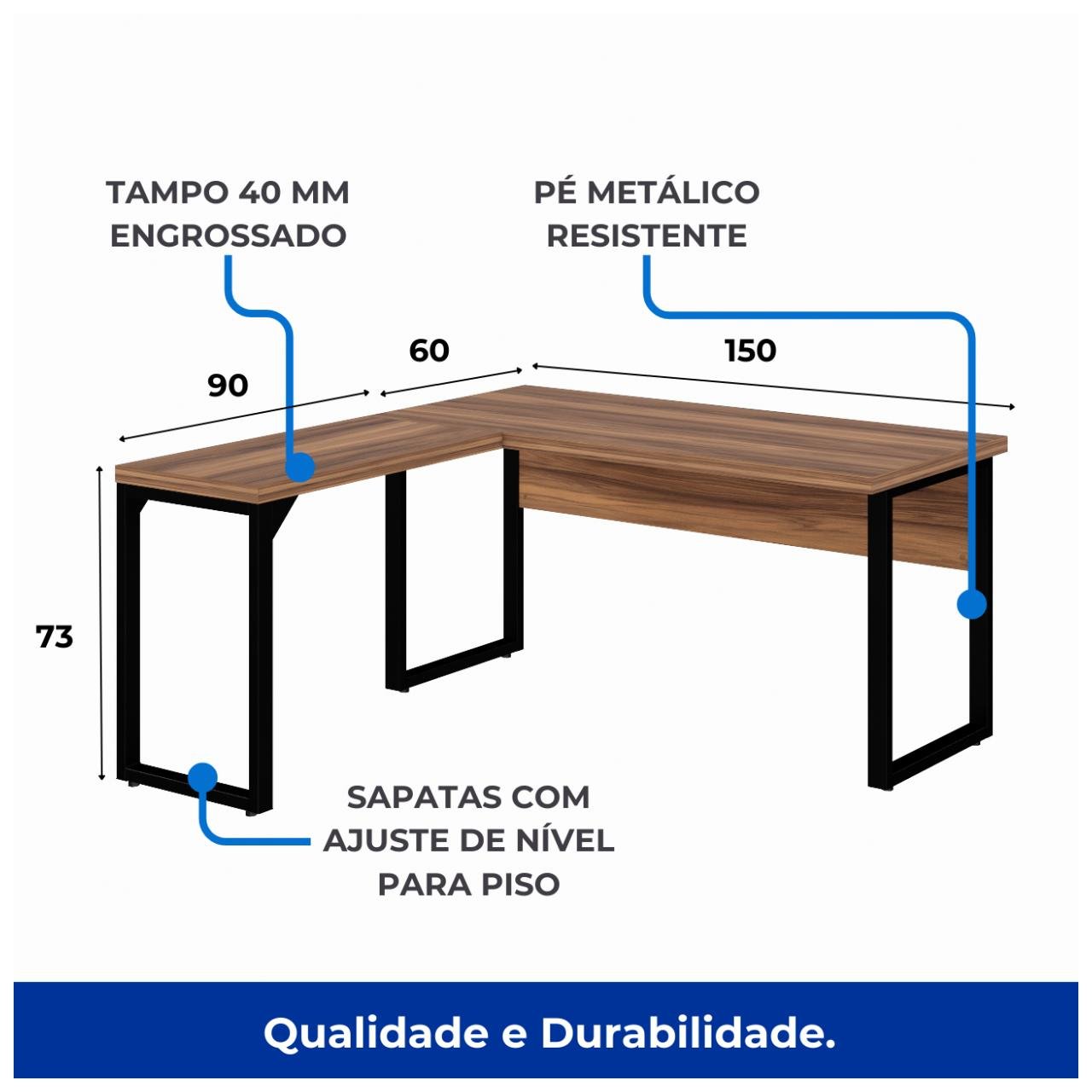 Mesa em L PÉ QUADRO (Mesa 1,50m + Mesa Auxiliar) - S/ Gavetas NOGAL SEVILHA/PRETO - 24476 - Imagem 3