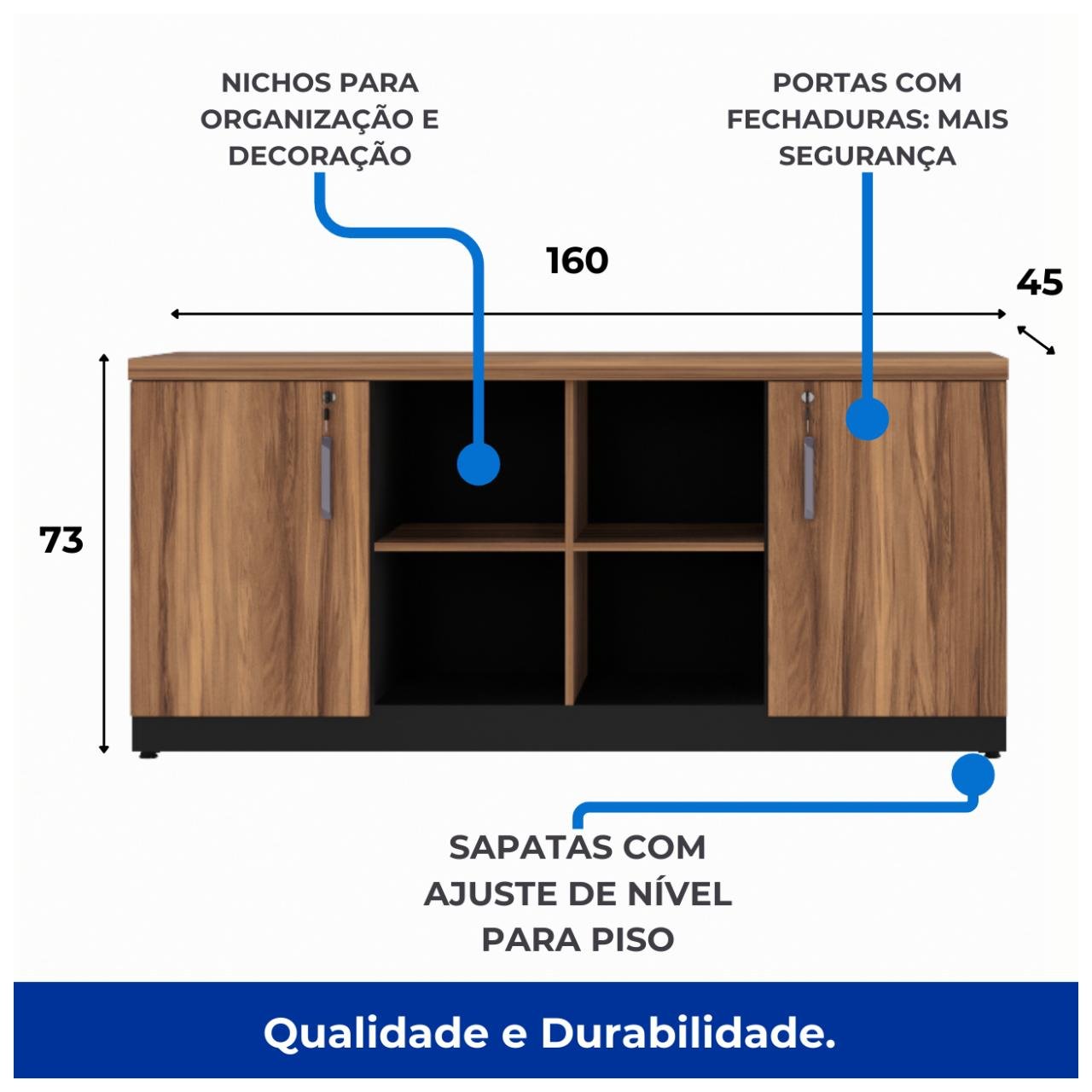 Armário Baixo GOLD Credenza ESPECIAL - 1,60x0,72x0,45m NOGALSEVILHA / PRETO - 23502 - Imagem 4