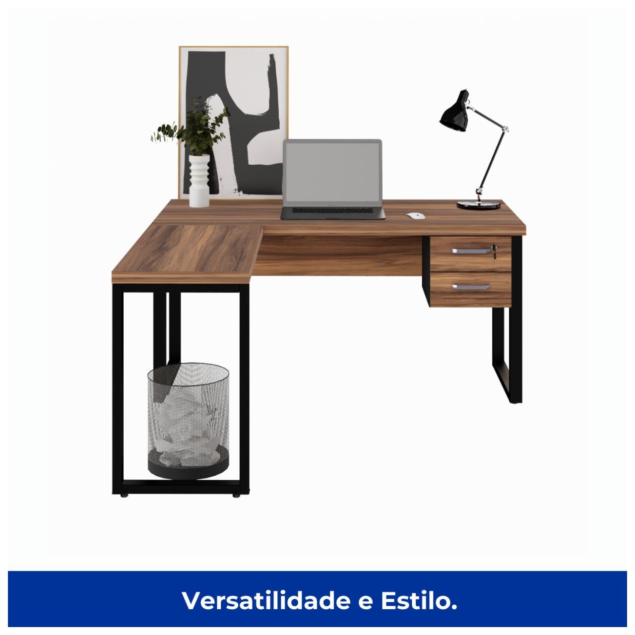Mesa em L PÉ QUADRO (Mesa 1,50m + Mesa Auxiliar) - C/ Gavetas NOGAL SEVILHA/PRETO - 24477 - Imagem 6