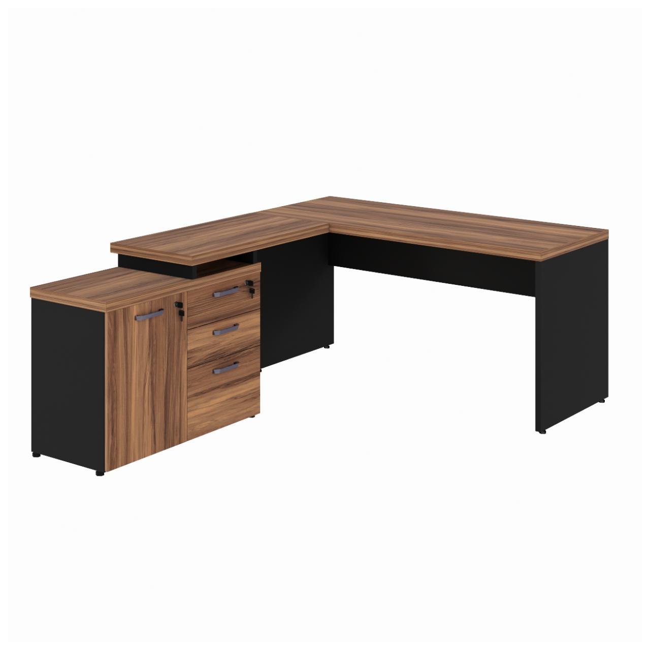 Mesa Escritório em "L" - 1,50x1,50m (Extensível) - com Armário Misto (03 Gav.) NOGAL/SEVILHA - 20603 - Imagem 3