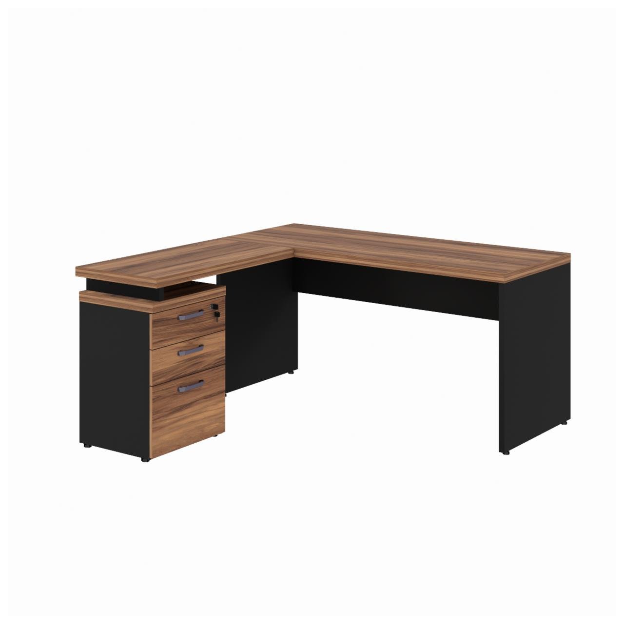 Mesa Escritório em "L" c/ Gaveteiro 1,50x1,50m NOGAL SEVILHA/PRETO - 21416