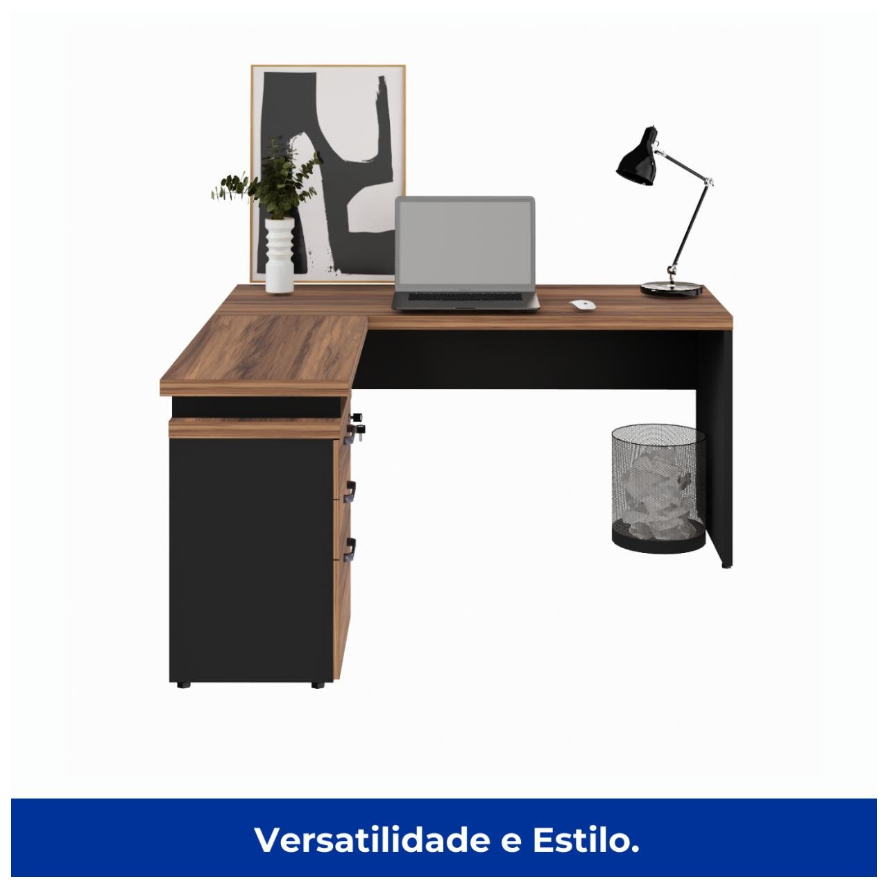Mesa Escritório em "L" c/ Gaveteiro 1,50x1,50m NOGAL SEVILHA/PRETO - 21416 - Imagem 4