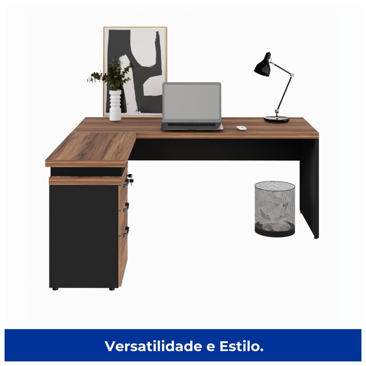 Mesa Escritório em "L" c/ Gaveteiro 1,70x1,60m NOGAL SEVILHA/PRETO - 21423 - Imagem 5