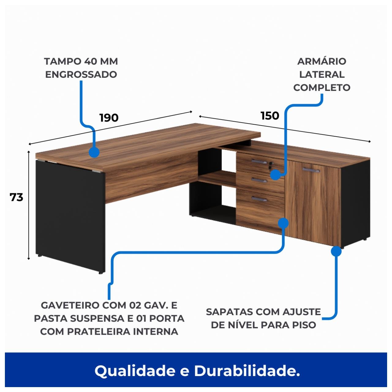 Mesa Diretorzinha c/ Aparador - Pé de MADEIRA - 1,90x1,50mNOGAL SEVILHA / PRETO - 21426 - Imagem 6