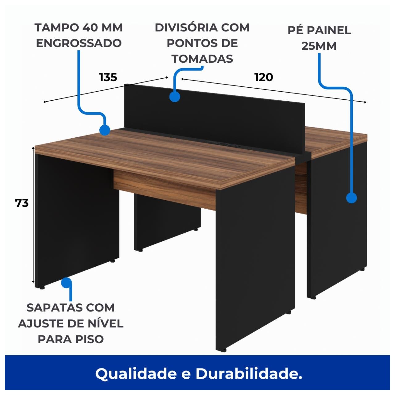 Estação de Trabalho Dupla 1,20x1,35m 02 Lugares s/ Gavetas c/ ponto de tomada Nogal Sevilha - 63085 - Imagem 4