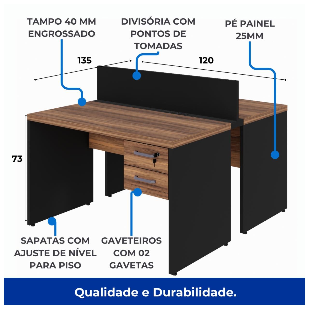 Estação de Trabalho Dupla 1,20x1,35m 02 Lugares c/ Gavetas c/ ponto de tomada Nogal Sevilha - 63086 - Imagem 5