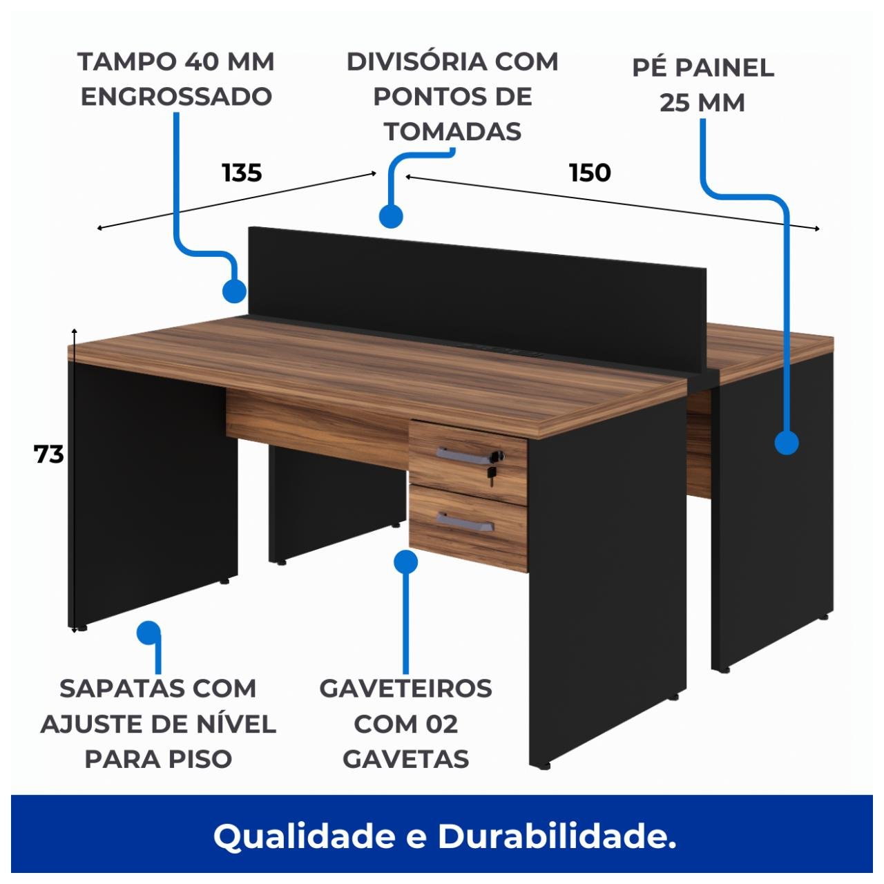 Estação de Trabalho 1,50x1,35m 02 Lugares c/ Gavetas c/ ponto de tomada Nogal Sevilha - 63088 - Imagem 6