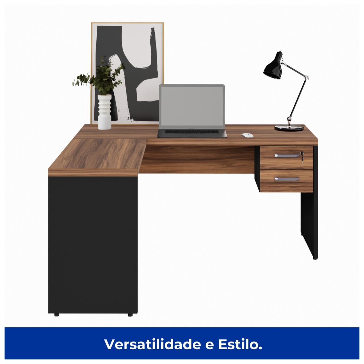 Mesa de Escritório em L com Gavetas - Mesa 1,50m + Mesa Auxiliar NOGAL SEVILHA/PRETO - 21477 - Imagem 4