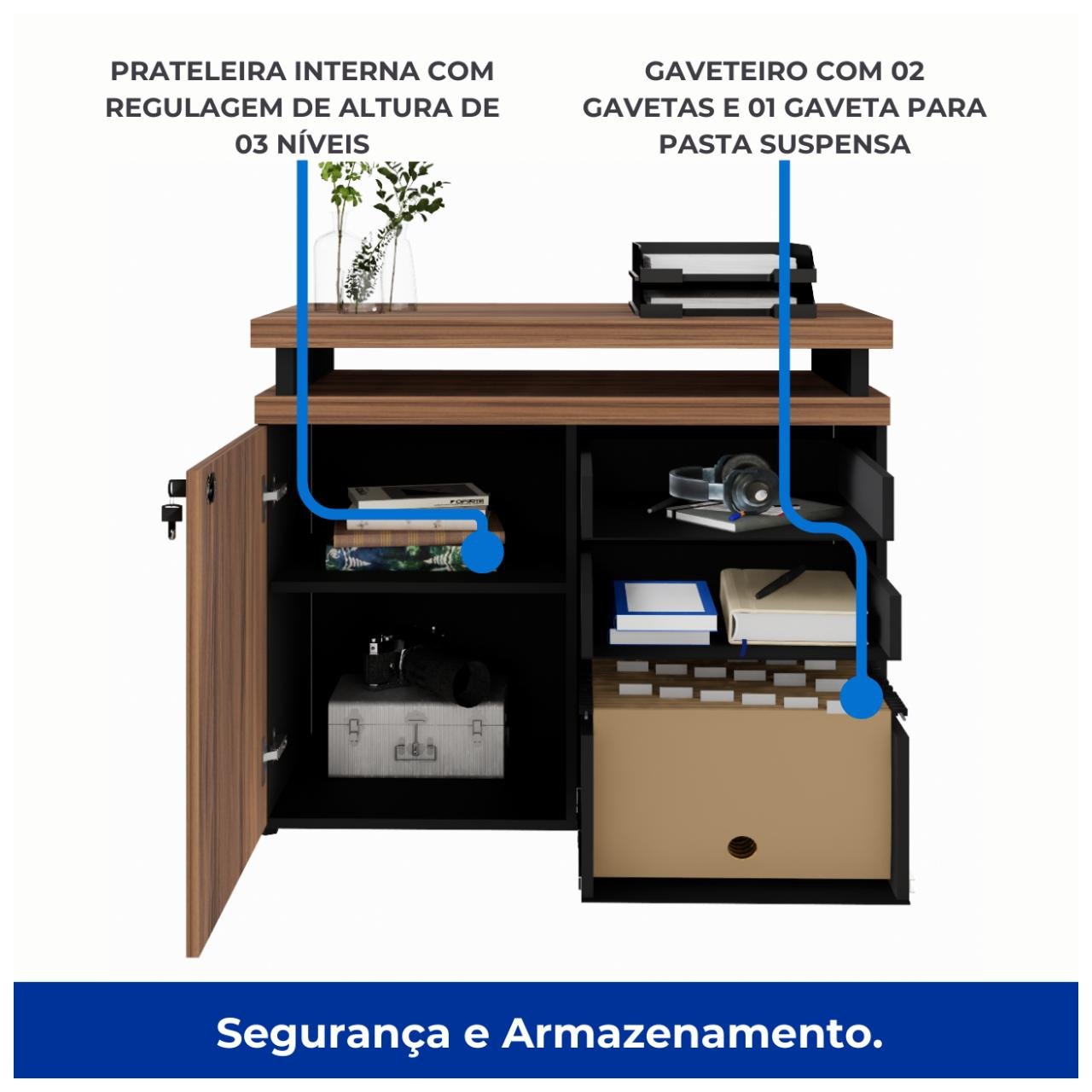 Armário Baixo 03 Gavetas e Porta (MISTO) NOGAL SEVILHA/PRETO - 21422 - Imagem 4