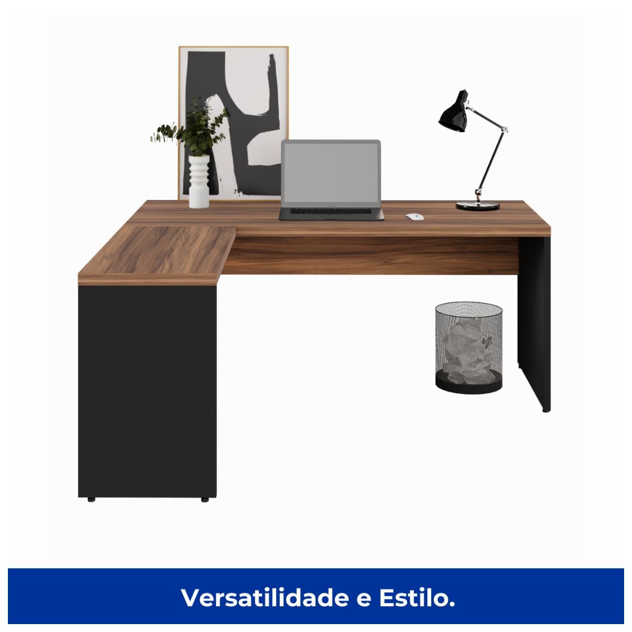 Mesa Escritório em L 1,70m + Mesa Auxiliar S/ Gavetas Nogal Sevilha/Preto 21478 - Imagem 4