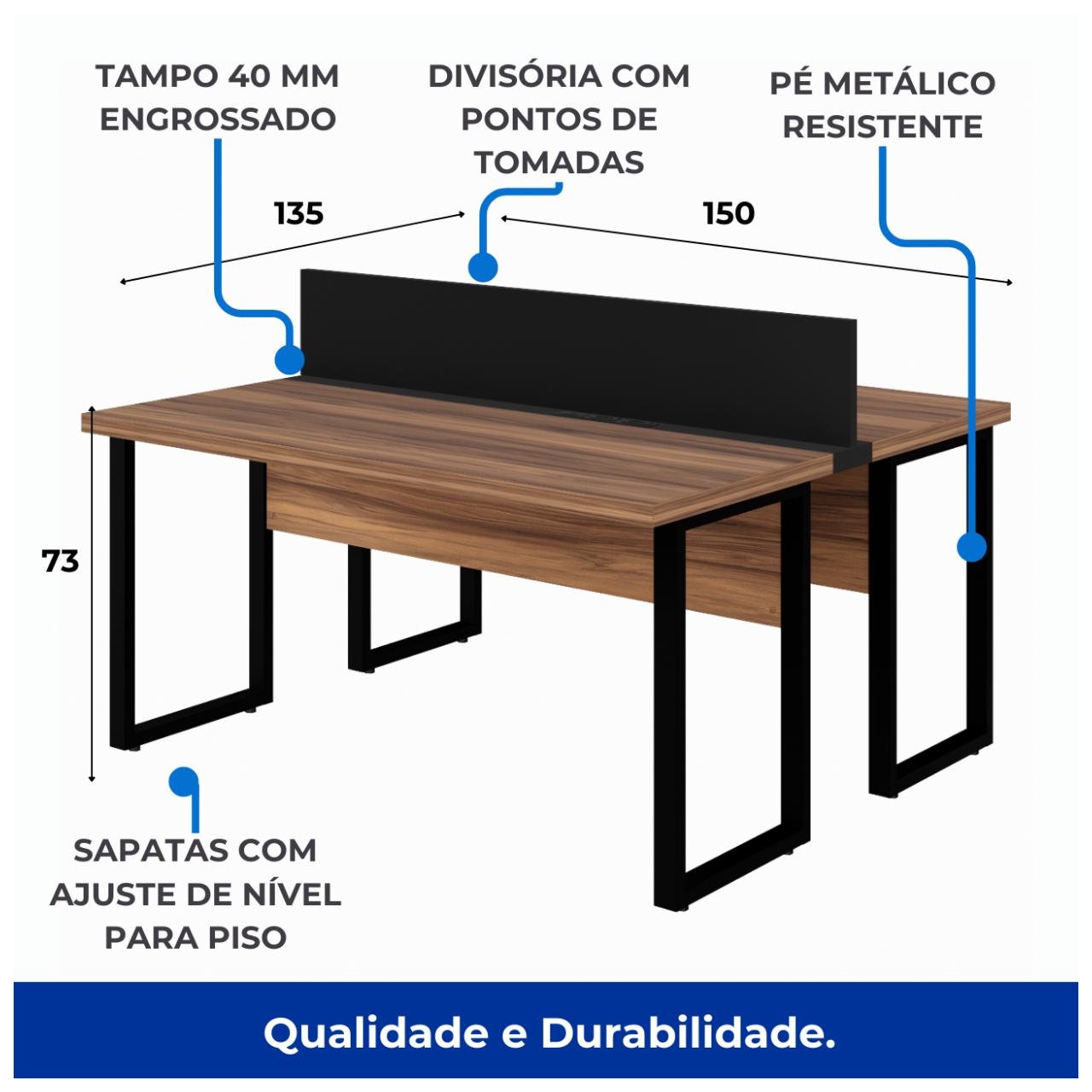 Mesa Estação de Trabalho Dupla 1,50x1,35m 02 Lugares s/ Gavetas c/ ponto de tomada PÉ QUADRO - Cor Nogal Sevilha - 63098 - Imagem 5