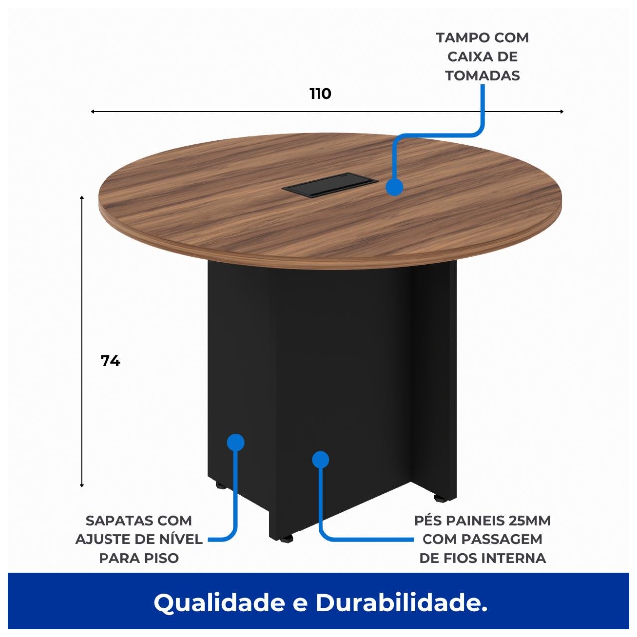 Mesa de Reunião Redonda c/ Caixa de Tomadas -1,10x1,10x0,74m - NOGAL SEVILHA / PRETO - 21418 - Imagem 5