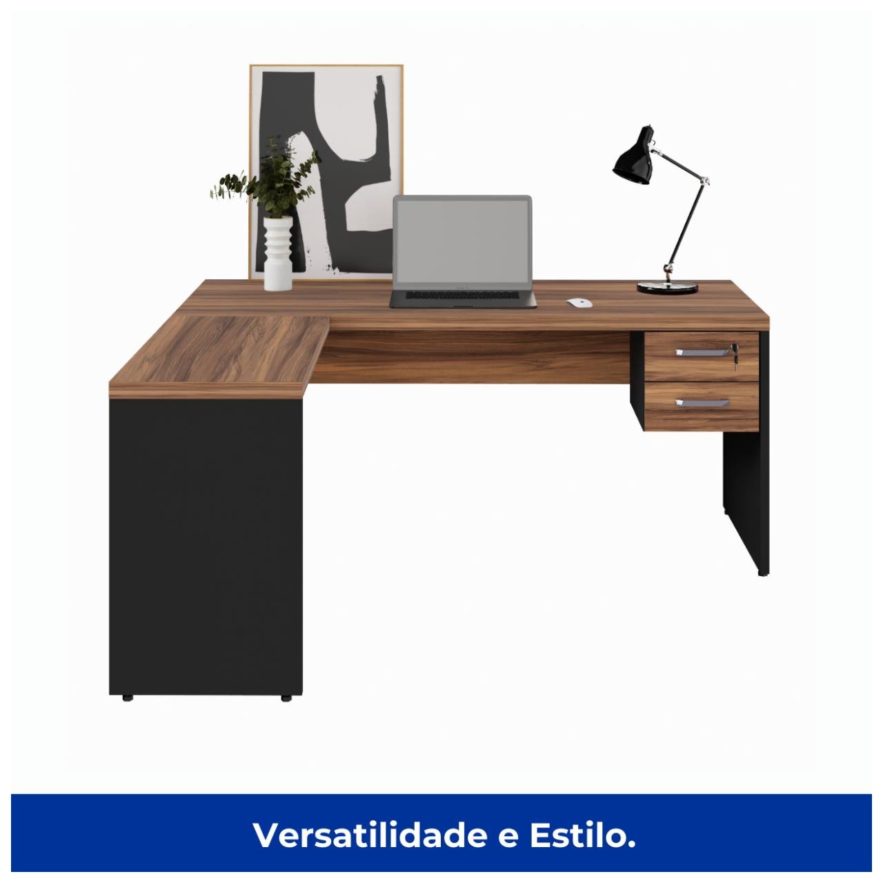 Mesa Escritório em L Mesa 1,70m + Mesa Auxiliar 02 Gavetas Nogal Sevilha / Preto 21479 - Imagem 4