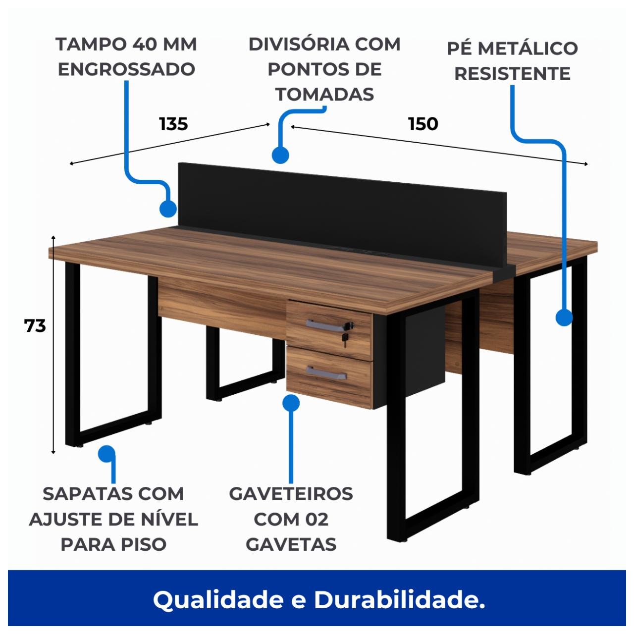 Estação de Trabalho 1,50x1,35m 02 Lugares c/ Gavetas c/ ponto de tomada PÉ QUADRO - Cor Nogal Sevilha - 63099 - Imagem 5
