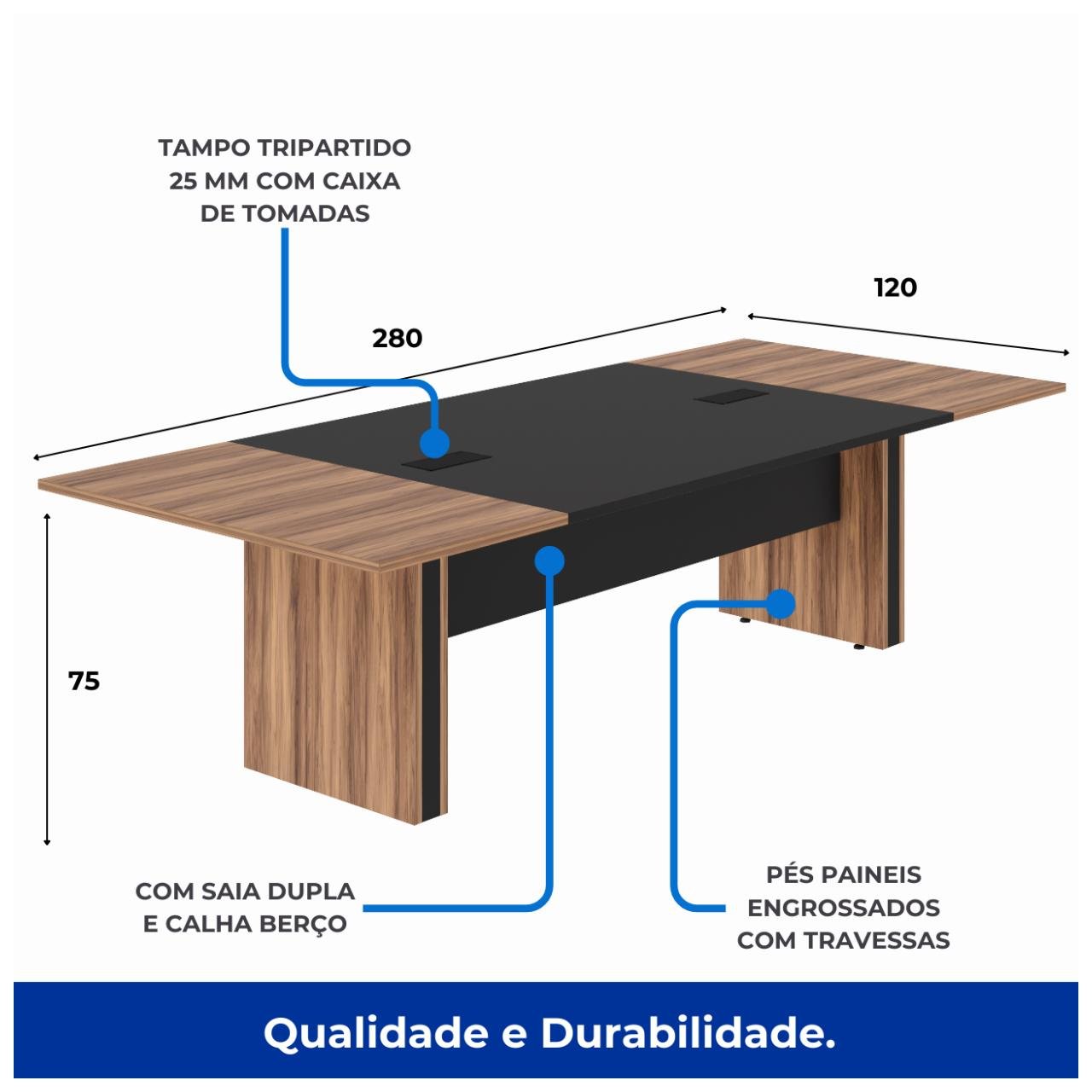 Mesa de Reunião Diretoria - 2,80X1,20m NOGAL SEVILHA/PRETO - 22013 - Imagem 5