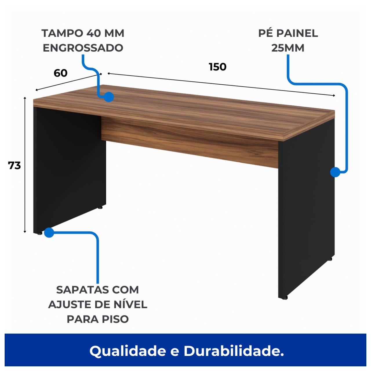 Mesa de Escritório 1,50×0,60m Sem Gavetas NOGAL SEVILHA/PRETO – 21472 - Imagem 4