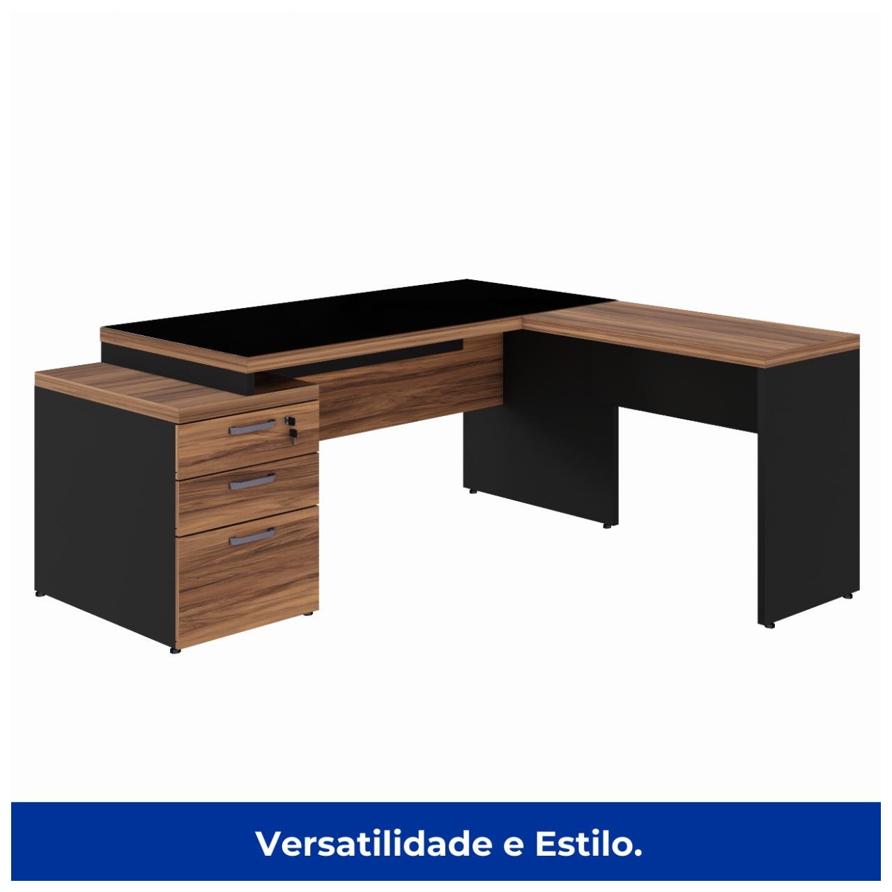 Mesa para Escritório em "L" com VIDRO FUMÊ - 1,92X1,60M NOGAL SEVILHA/PRETO - 21407 - Imagem 6