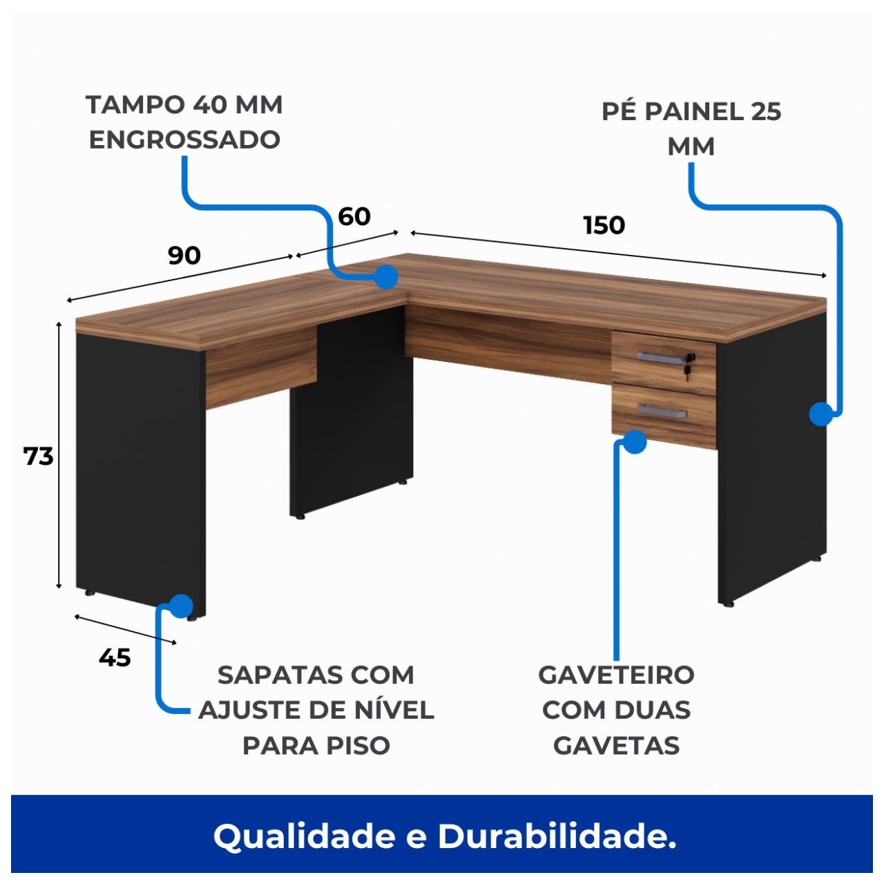 Mesa de Escritório em L com Gavetas - Mesa 1,50m + Mesa Auxiliar NOGAL SEVILHA/PRETO - 21477 - Imagem 5