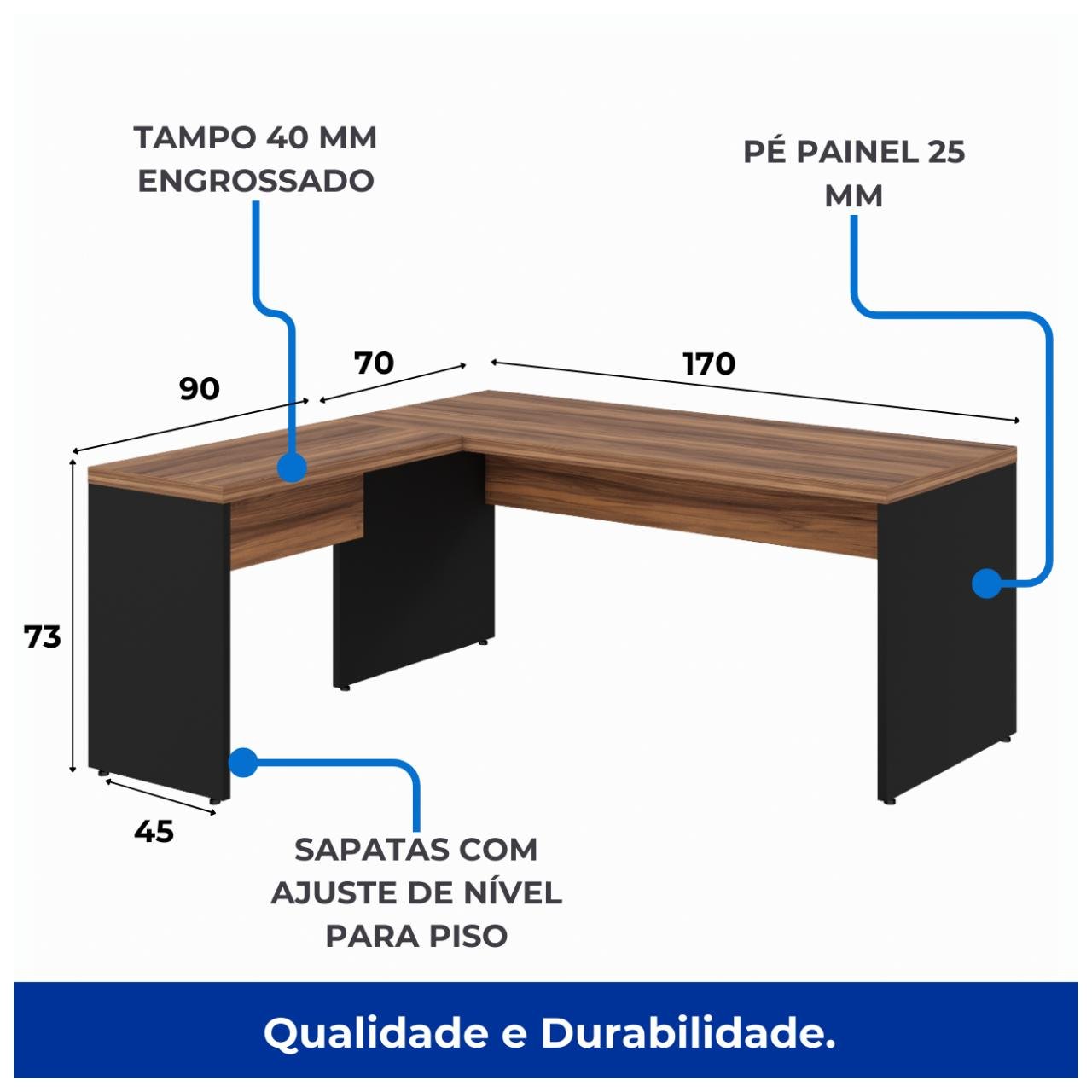 Mesa Escritório em L 1,70m + Mesa Auxiliar S/ Gavetas Nogal Sevilha/Preto 21478 - Imagem 5